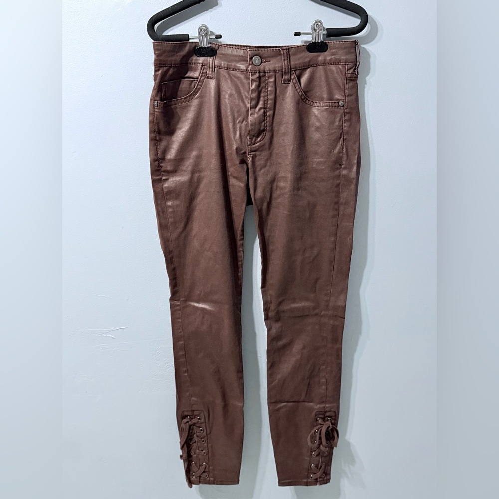 Anthropologie Pilcro Script Ideal Fit Brown Faux Leather Ankle Lace Up Pants 27